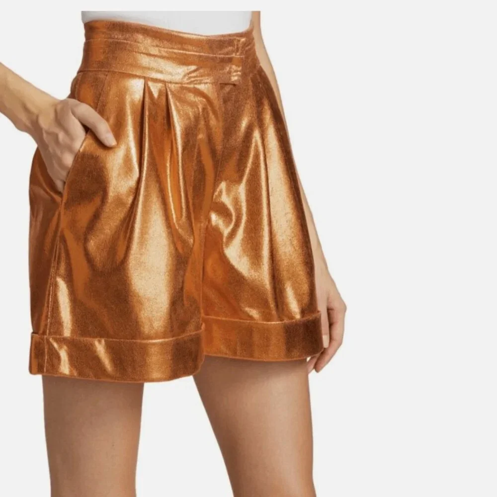 Kimberly Goldson Lizzie Metallic‎ Faux Leather Shorts Copper 0 Orange
